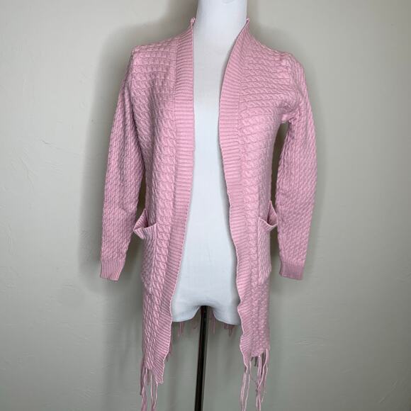 Pink Cable Knit Boho Long Cardigan Duster Sz ? Small Fringe - Picture 1 of 7